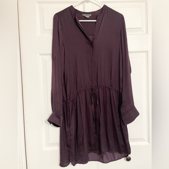 Vince Eggplant Purple Long Sleeve Satin Tie Waist Dress - Picture 2 of 7